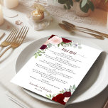 Burgundy Red & Pink Rustic Floral Elegant Wedding Menu<br><div class="desc">This beautiful wedding menu features a rustic boho chic floral design with script calligraphy lettering and hand painted watercolor roses in shades of blush pink, red and burgundy. The text is completely customizable with space for the couple's name & wedding date. Elegant, stylish, and chic, this card is a great...</div>