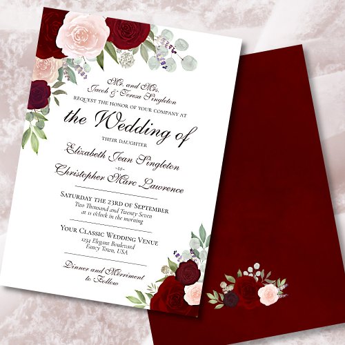 Burgundy Red Pink Watercolor Roses Formal Wedding Invitation