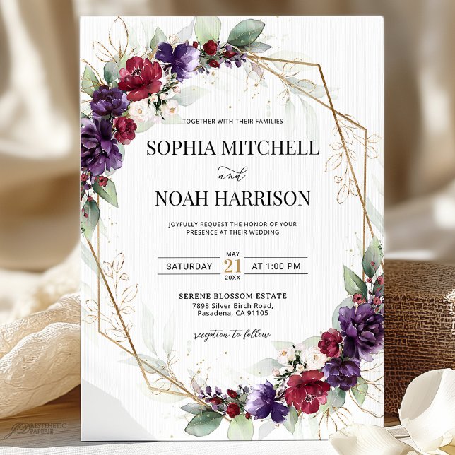 Burgundy Red Plum Purple Gold Geometric Wedding Invitation (Creator Uploaded)