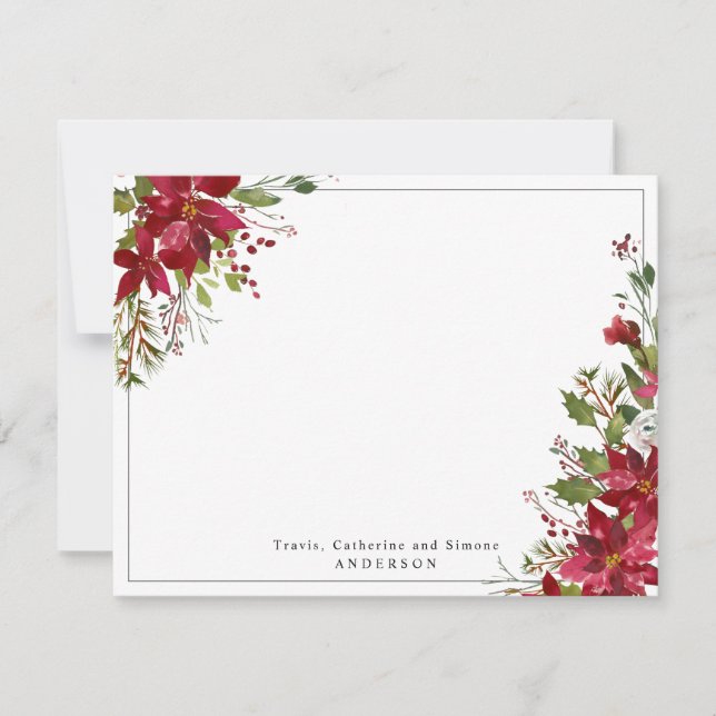 Burgundy Red Poinsettia Floral Christmas Holiday Note Card (Front)