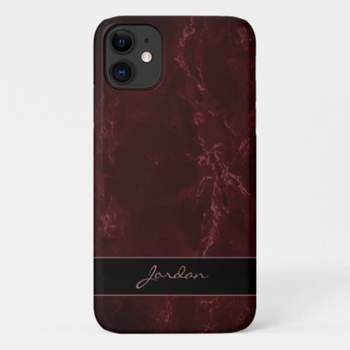Burgundy Red Polished Marble Stone with Name iPhone 11 Case