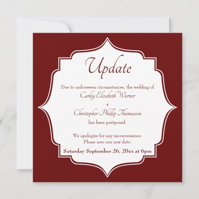 Burgundy Red Postponed Wedding Update Announcement (Front)