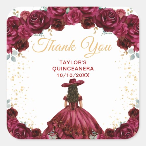 Burgundy Red Princess Charro Quinceaera Thank You Square Sticker