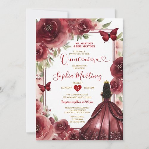 Burgundy Red Princess Dress Flowers Quinceaera Invitation