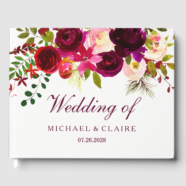 Burgundy Red Purple Floral Boho Wedding Guest Book (Front)