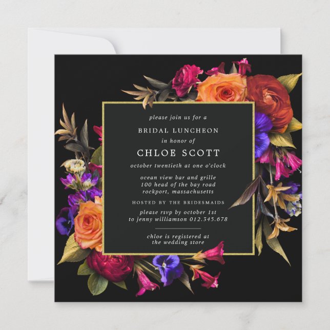 Burgundy Red Purple Orange Floral Bridal Luncheon Invitation (Front)