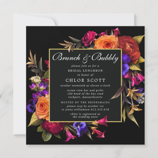 Burgundy Red Purple Orange Floral Brunch Bubbly Invitation (Front)