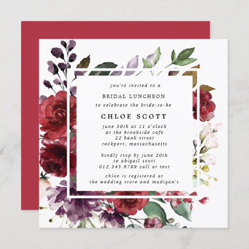 Burgundy Red Purple Rose Floral Bridal Luncheon Invitation