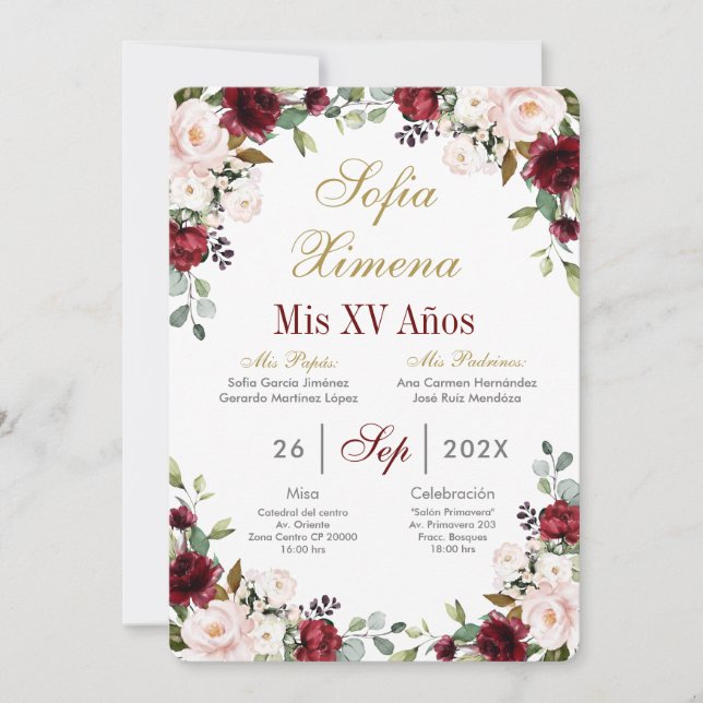 Burgundy Red Quinceanera Invitation (Front)