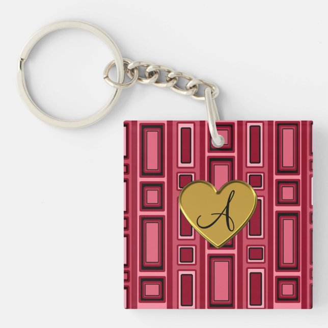 Burgundy red Retro squares monogram Keychain (Front)