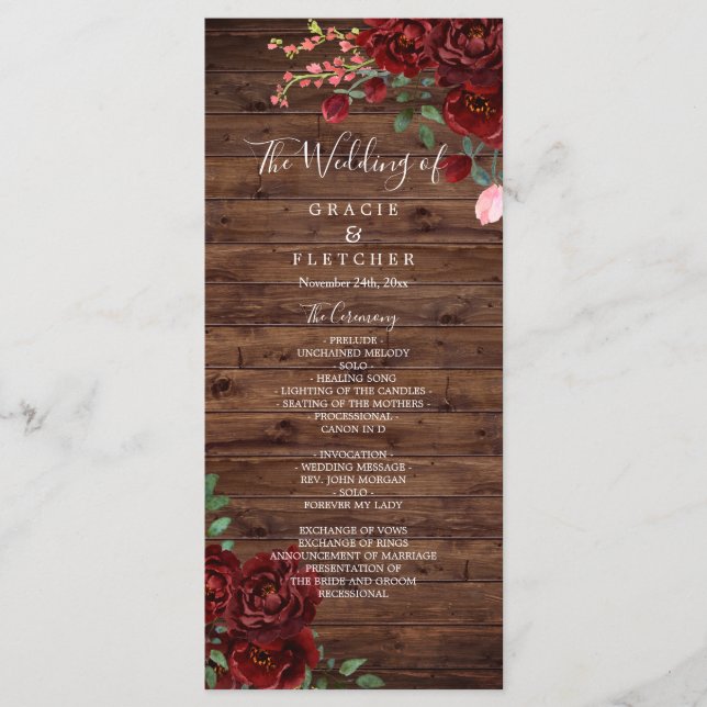 Burgundy Red Romantic Roses Rustic Wood Wedding Program (Front)