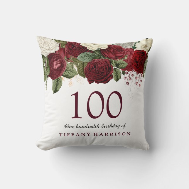 Burgundy Red Rose 100th Birthday Gift Throw Pillow (Front)
