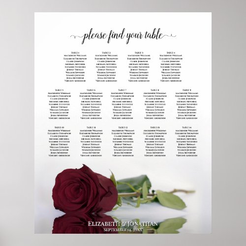 Burgundy Red Rose 14 Table Wedding Seating Chart