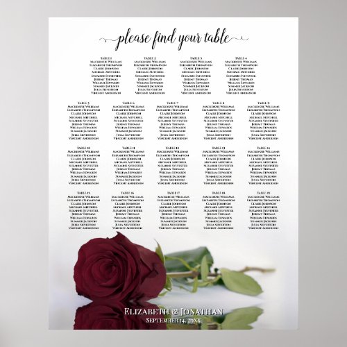 Burgundy Red Rose 19 Table Wedding Seating Chart