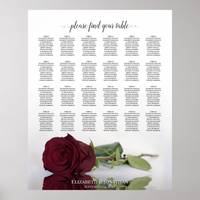 Burgundy Red Rose 24 Table Wedding Seating Chart (Front)