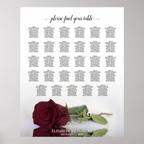 Burgundy Red Rose 29 Table Wedding Seating Chart