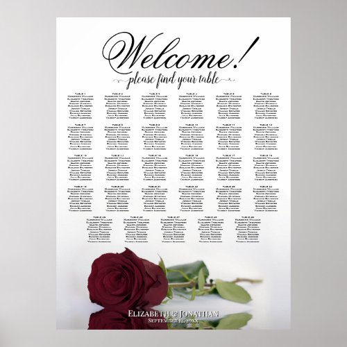 Burgundy Red Rose 29 Table Wedding Seating Chart
