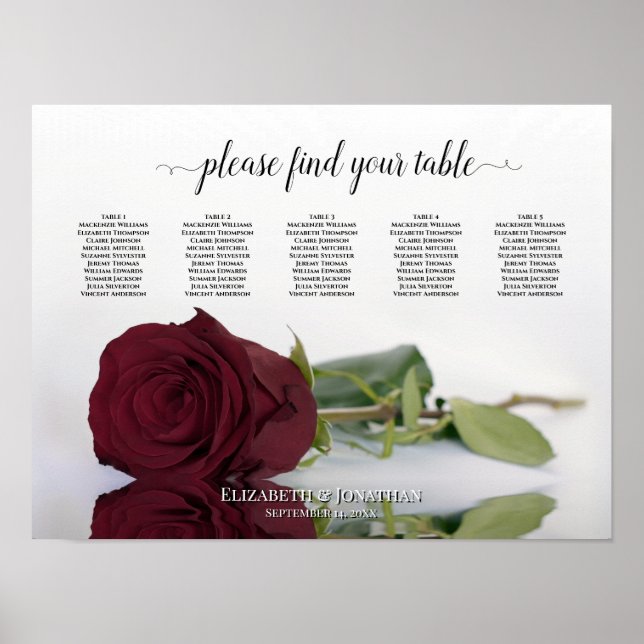 Burgundy Red Rose 5 Table Wedding Seating Chart (Front)