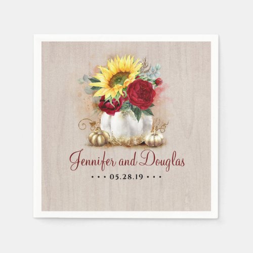 Burgundy Red Rose and Sunflower Pumpkin Vase Fall Napkins