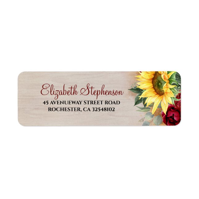 Burgundy Red Rose and Sunflower Rustic Fall Label (Front)