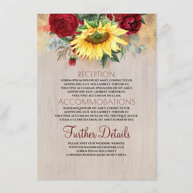 Burgundy Red Rose And Sunflower Wedding Details Enclosure Card Zazzle