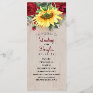 Burgundy Red Rose and Sunflower Wedding Programs