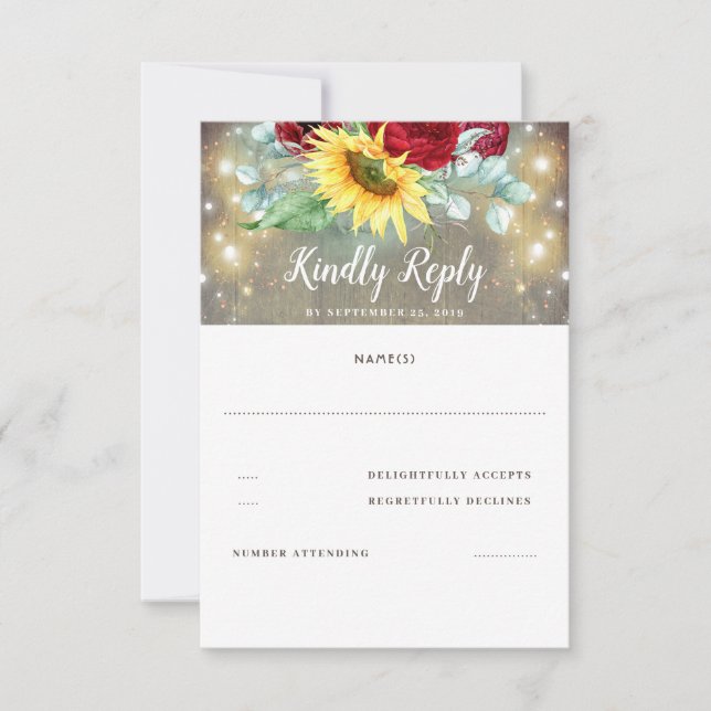 Burgundy Red Rose and Sunflowers Fall Wedding RSVP Card (Front)