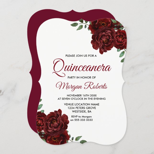 Burgundy Red Rose Beautiful Quinceanera Invite (Front/Back)