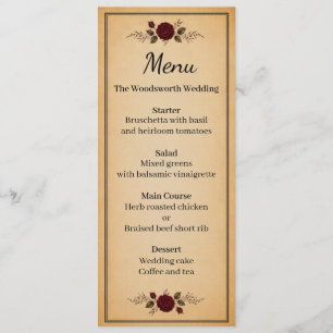 Burgundy Red Rose Black Vintage Wedding Menu