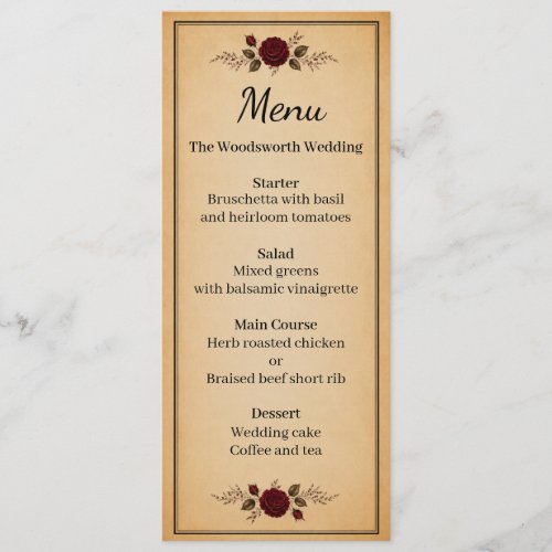 Burgundy Red Rose Black Vintage Wedding Menu