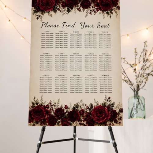 Burgundy Red Rose Black Vintage Wedding Seating Foam Board
