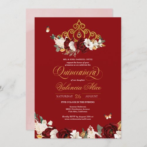 Burgundy Red Rose Butterfly Quinceanera Gold Tiara Invitation