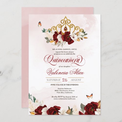 Burgundy Red Rose Butterfly Quinceanera Gold Tiara Invitation