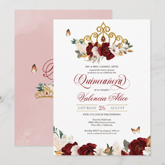 Burgundy Red Rose Butterfly Quinceanera Gold Tiara Invitation (Front/Back)
