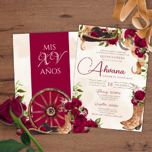 Burgundy Red Rose Charro Western Quinceanera Invitation