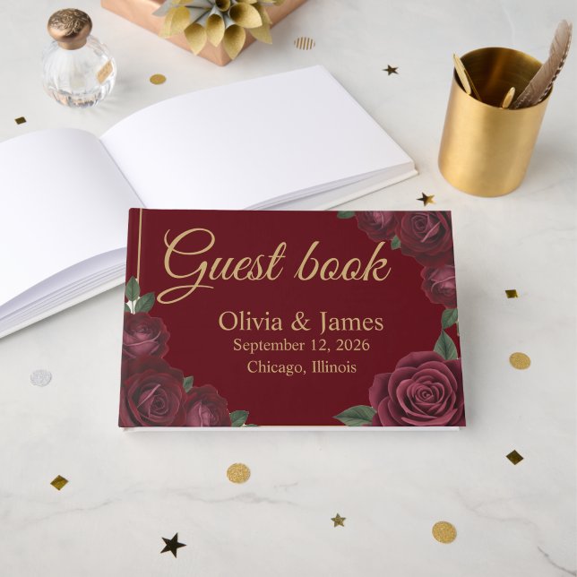 Burgundy Red Rose Dark Romance Wedding Guest Book (Front Open)