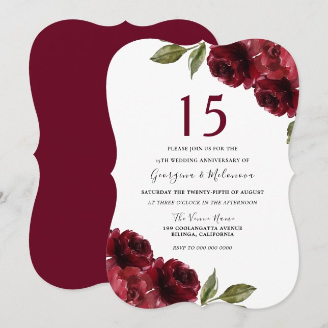 Burgundy Red Rose Elegant 15th Wedding Anniversary Invitation (Front/Back)