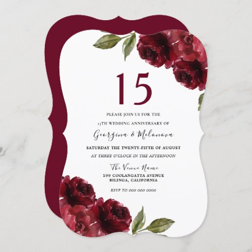 Burgundy Red Rose Elegant 15th Wedding Anniversary Invitation