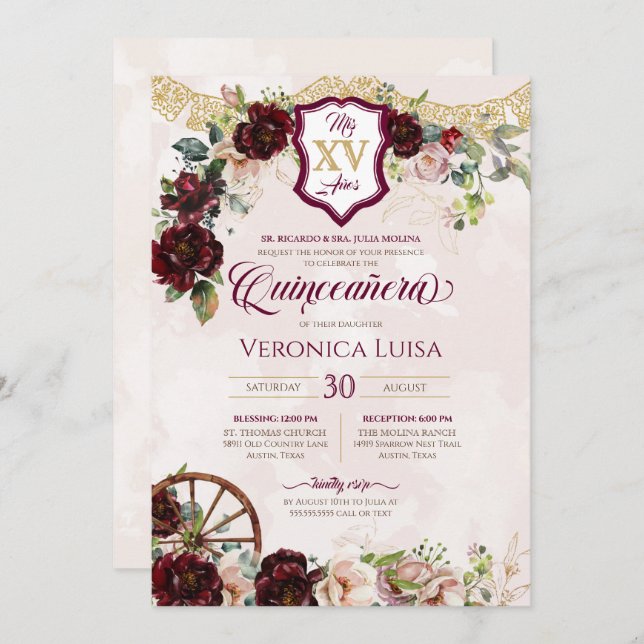 Burgundy Red Rose Elegant Charro Quinceanera Invitation (Front/Back)