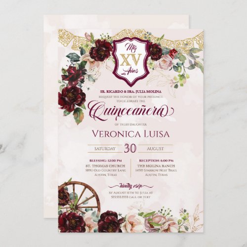 Burgundy Red Rose Elegant Charro Quinceanera Invitation