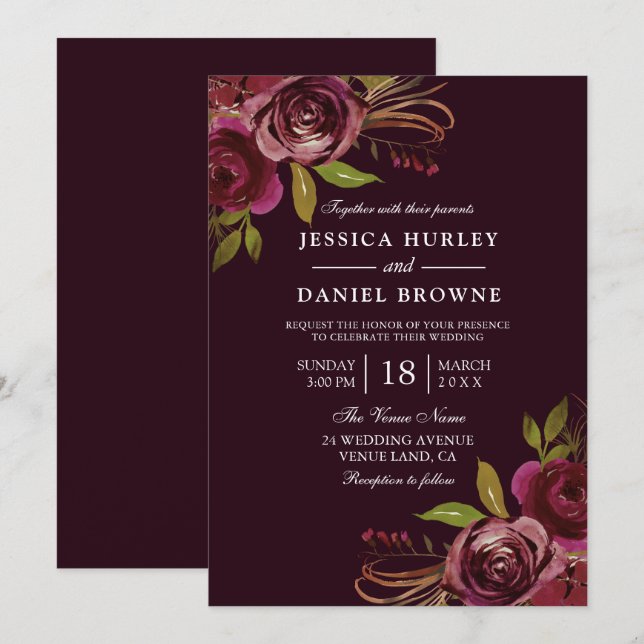 Burgundy Red Rose Floral Spring Autumn Wedding Invitation (Front/Back)