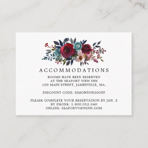 Burgundy Red Rose Floral Wedding Accommodation Enclosure Card