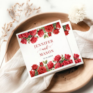 Burgundy Red Rose Floral Wedding Bride Groom Napkins