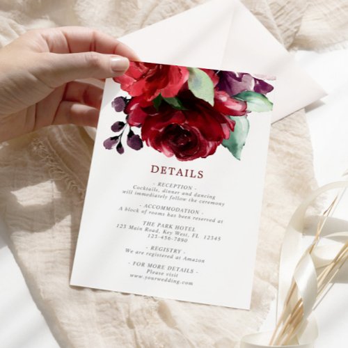 Burgundy Red Rose Flowers Wedding Details  Enclosure Card