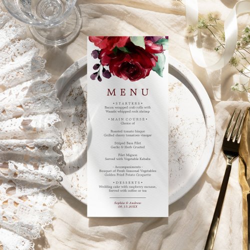 Burgundy Red Rose Flowers Wedding Menu