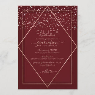 Burgundy Red Rose Gold Confetti Border Graduation Invitation