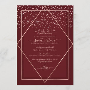 Burgundy Red Rose Gold Confetti Border Sweet 16 Invitation