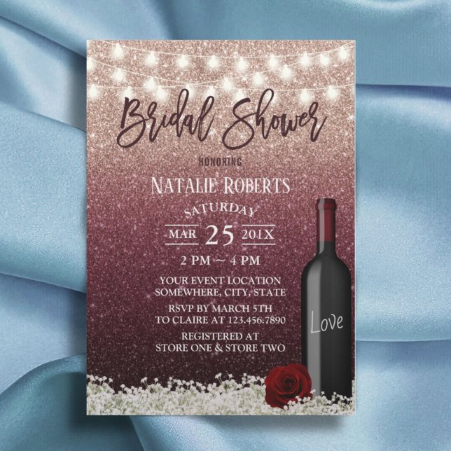 Burgundy Red Rose Gold Wine Bottle Bridal Shower Invitation