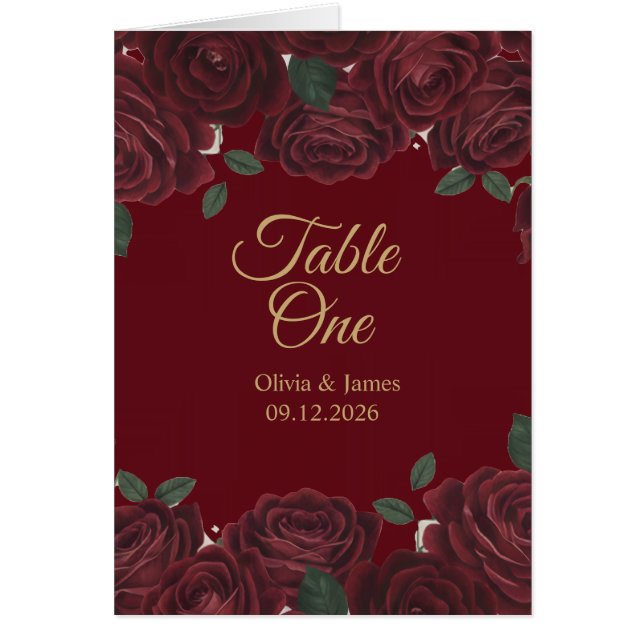 Burgundy Red Rose Moody Dark Romance Folded Table  Cards (Front)