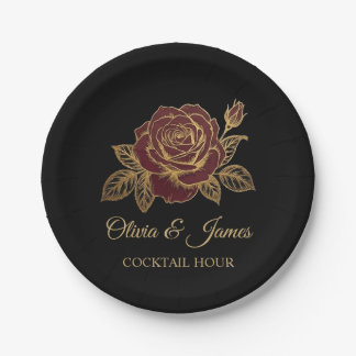 Burgundy Red Rose Moody Dark Romance Wedding Paper Plates